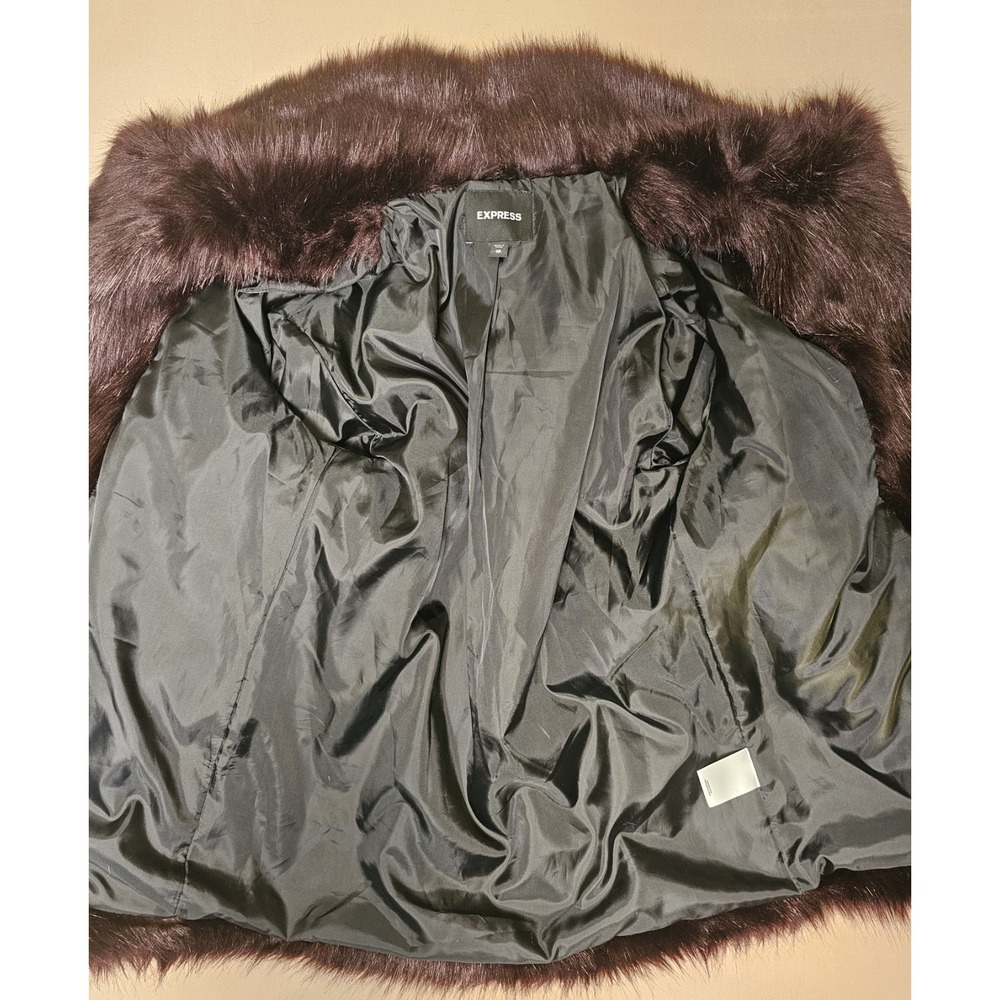 Express Faux Fur Coat Womens M Burgundy Oxblood Plush Mob Wife Statement Jacket - Picture 7 of 9